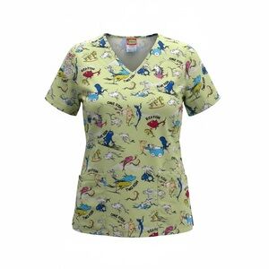 Dr. Seuss Light Green One Fish Two Fish Red Blue  V-Neck Scrub Top 🩺
